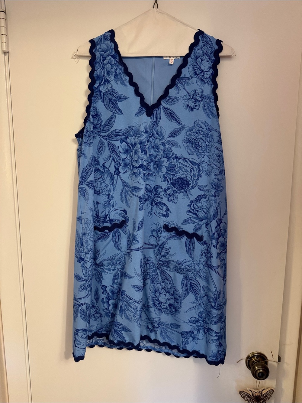 Light Blue Floral V-Neck Dress with Navy Ric Rac Trim